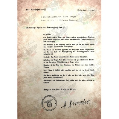 - SS-Ehrenring (Totenkopfring) Auszeichnungsschreiben - Kurt Meyer 1941
